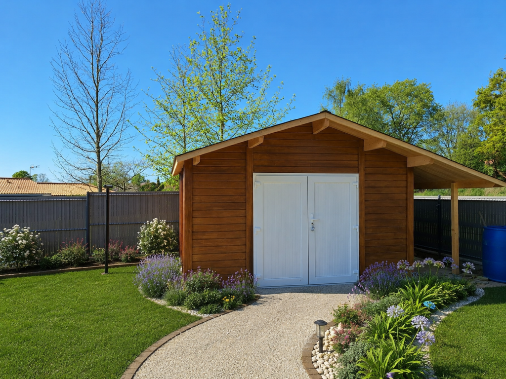 Abri béton aspect bois porte PVC double Abri béton aspect bois porte PVC double