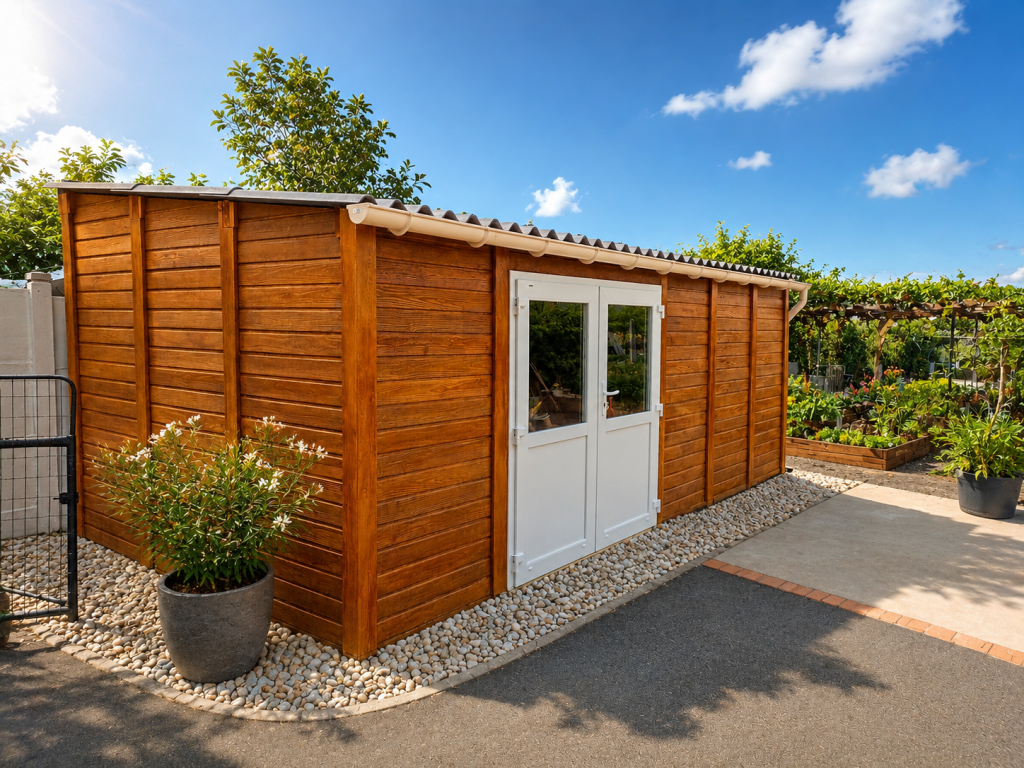 abri béton aspect bois 1 pente porte double PVC 1/2 vitrage abri béton aspect bois 1 pente porte double PVC 1/2 vitrage